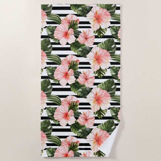 Tropical Hibiscus Flower Pattern  Beach Towel (Front)