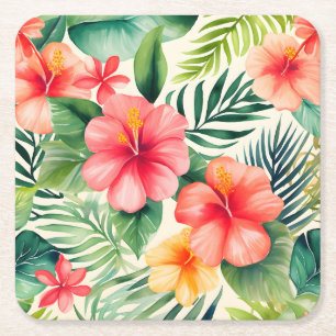 Tropical hibiscus Flower Pattern Square Paper Coaster