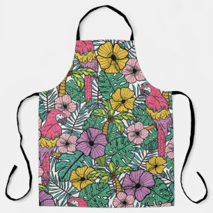 Tropical hibiscus flower with palm, parrots and ex apron