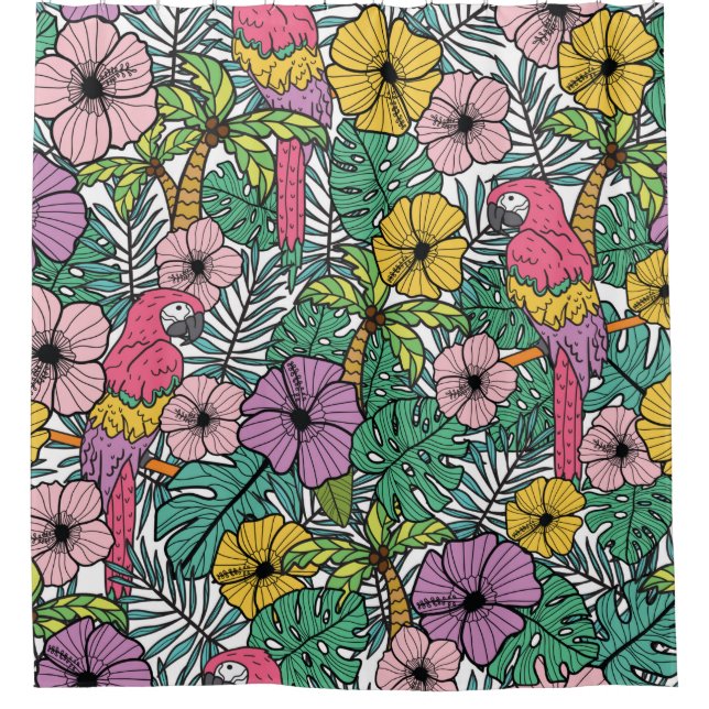 Tropical hibiscus flower with palm, parrots and ex shower curtain (Front)
