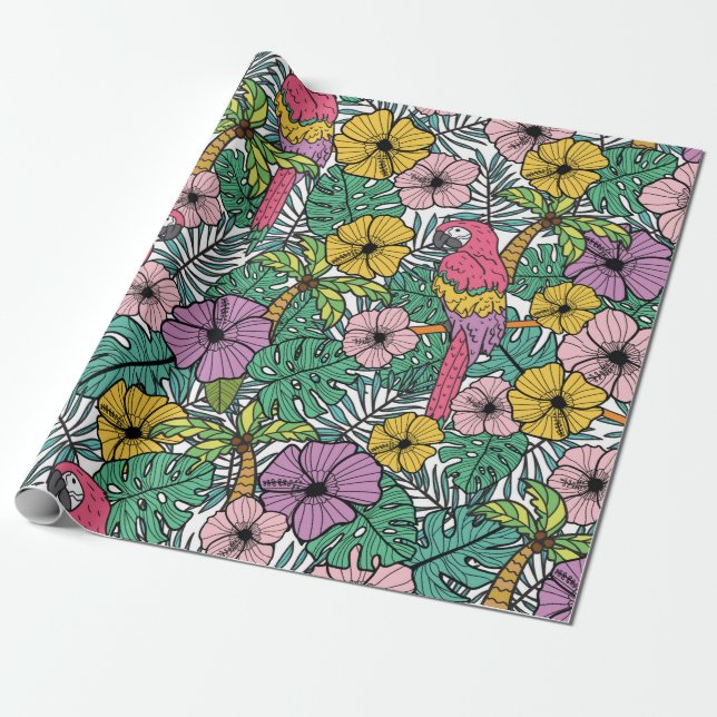Tropical hibiscus flower with palm, parrots and ex wrapping paper (Unrolled)