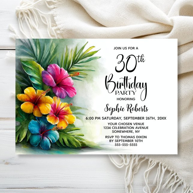 Tropical Hibiscus Flowers 30th Birthday Party Invitation (Creator Uploaded)