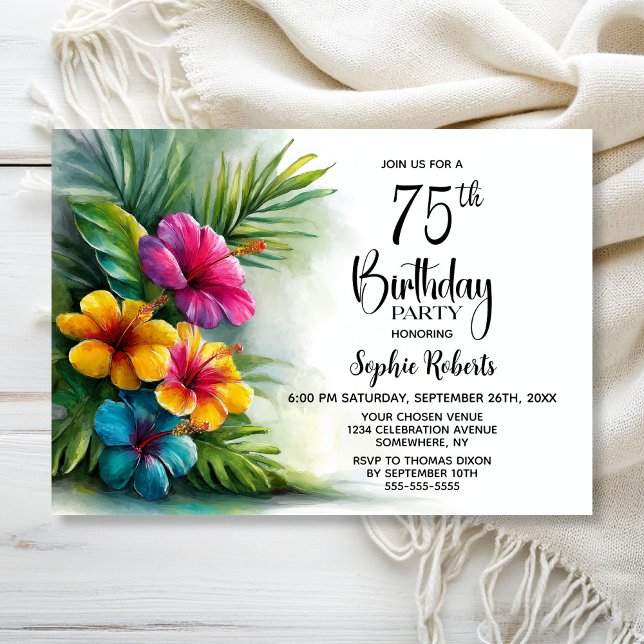 Tropical Hibiscus Flowers 75th Birthday Party Invitation (Creator Uploaded)