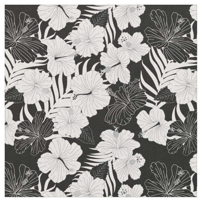 Tropical Hibiscus Flowers Black and White Pattern Fabric (Close Up)