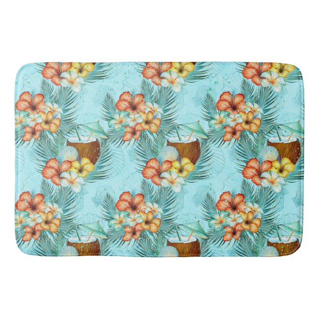 TROPICAL HIBISCUS FLOWERS & COCONUT DRINKS BATH MAT (Front)
