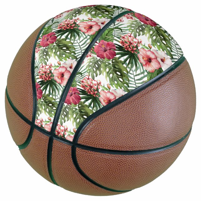 Tropical hibiscus flowers foliage pattern basketball (Angled)