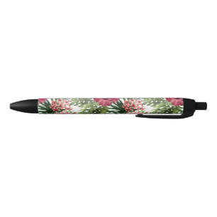 Tropical hibiscus flowers foliage pattern black ink pen