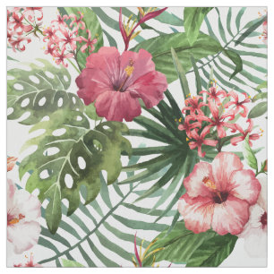 Tropical hibiscus flowers foliage pattern fabric