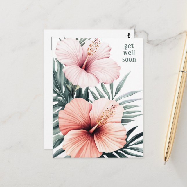 Tropical Hibiscus Flowers GET WELL SOON Postcard (Front/Back In Situ)