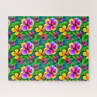 Tropical Hibiscus Flowers & Jungle Leaves Jigsaw Puzzle