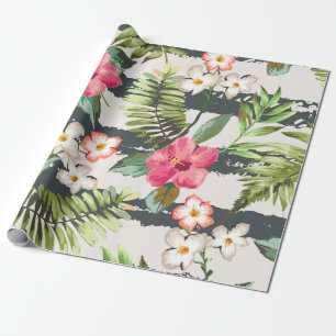 Tropical Hibiscus Flowers Leaves Stripes Pattern Wrapping Paper