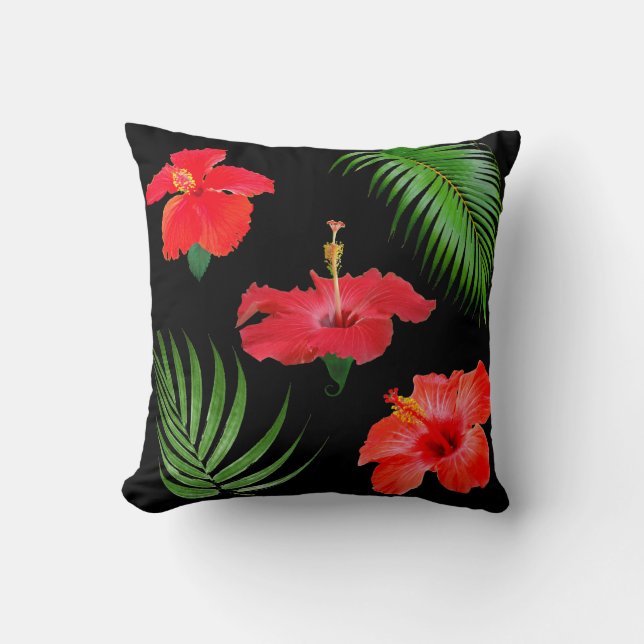 Tropical Hibiscus Flowers & Palm Leaves on Black Cushion (Front)