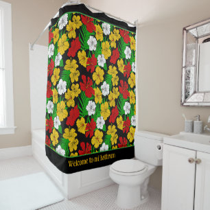 Tropical Hibiscus Flowers Patterned Black Shower Curtain