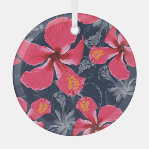 Tropical Hibiscus Flowers Summer Design Glass Tree Decoration