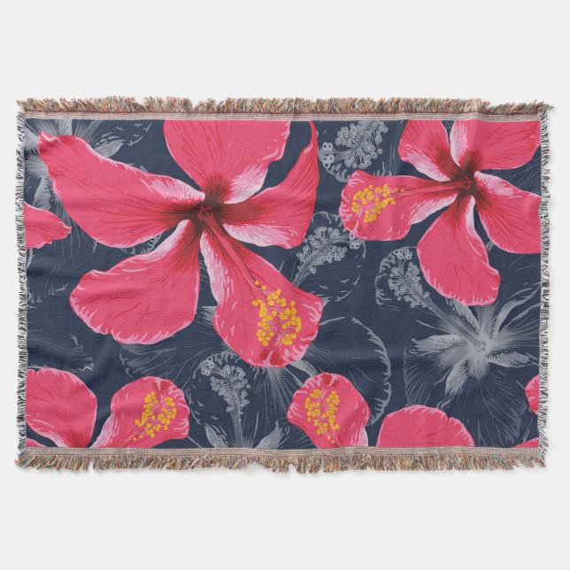 Tropical Hibiscus Flowers Summer Design Throw Blanket (Front)