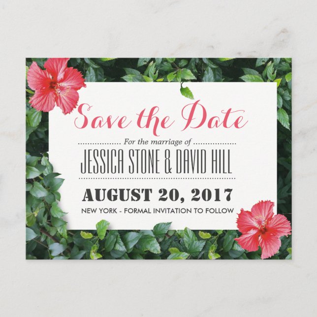 Tropical Hibiscus Flowers Wedding Save the Date Announcement Postcard (Front)