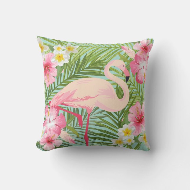 Tropical Hibiscus Flowers with Pink Flamingo Cushion (Front)