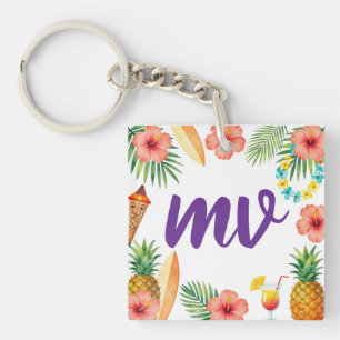 Tropical Hibiscus Frame Aloha Vibes Key Ring
