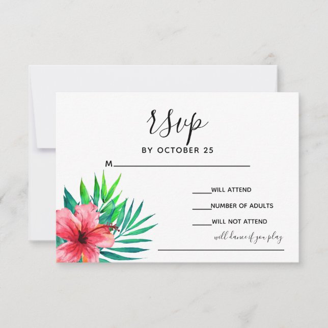 Tropical Hibiscus Hawaiian Beach Wedding RSVP Card (Front)