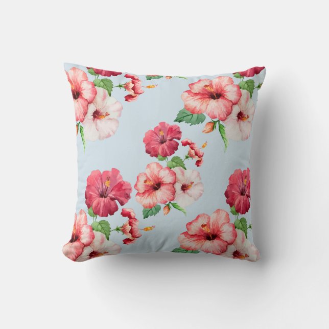 Tropical Hibiscus Hawaiian Floral botanical Cushion (Front)