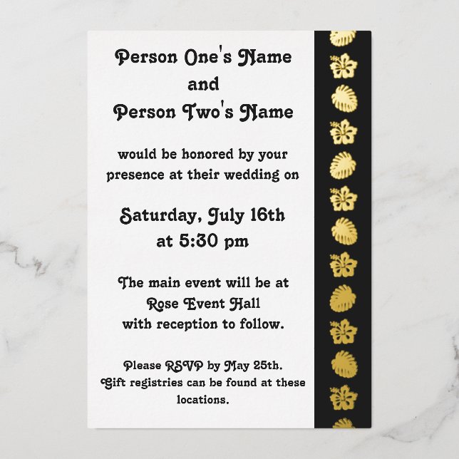 Tropical Hibiscus in Black Foil Invitation (Front)