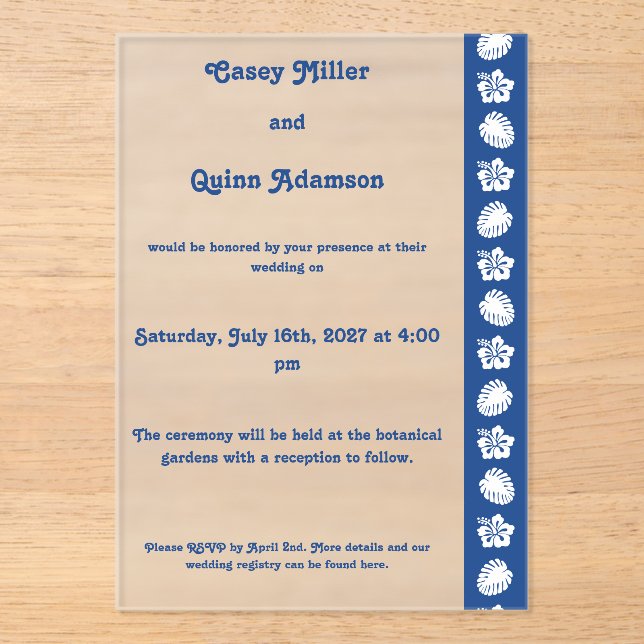 Tropical Hibiscus in Blue Acrylic Wedding  Invitations (Front)