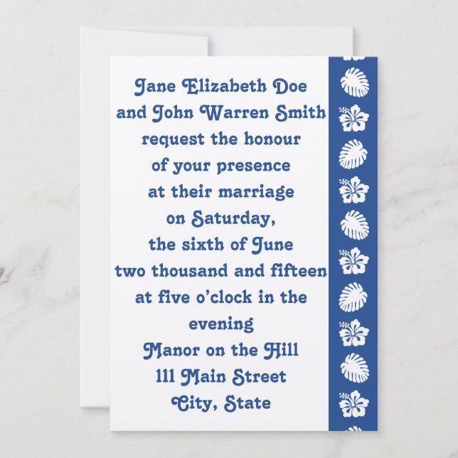 Tropical Hibiscus in Blue Wedding Invitation (Front)