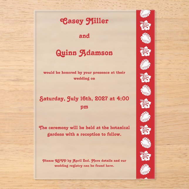 Tropical Hibiscus in Cherry Acrylic Wedding  Invitations (Front)
