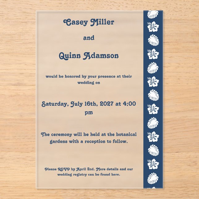 Tropical Hibiscus in Navy Acrylic Wedding  Invitations (Front)