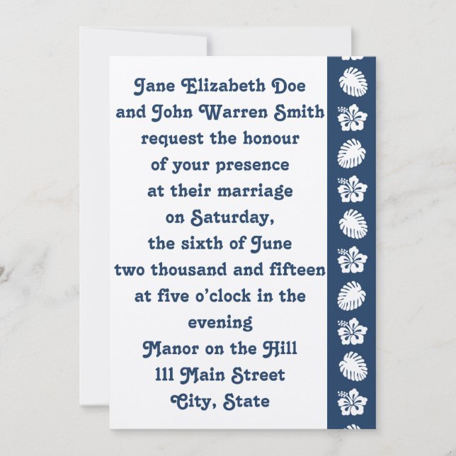 Tropical Hibiscus in Navy Wedding Invitation (Front)