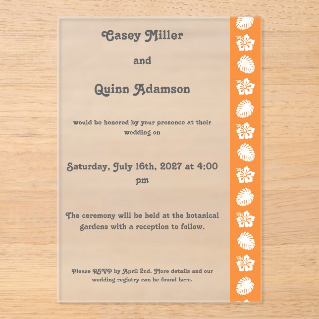 Tropical Hibiscus in Orange Acrylic Wedding  Invitations (Front)