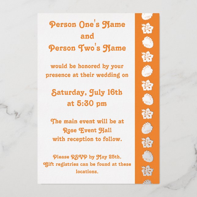 Tropical Hibiscus in Orange Foil Invitation (Front)