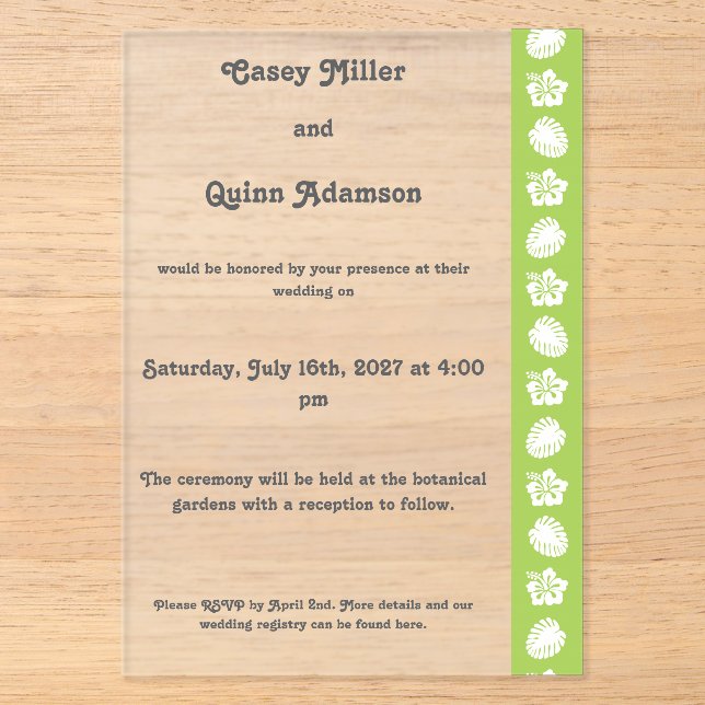 Tropical Hibiscus in Peridot Acrylic Wedding  Invitations (Front)