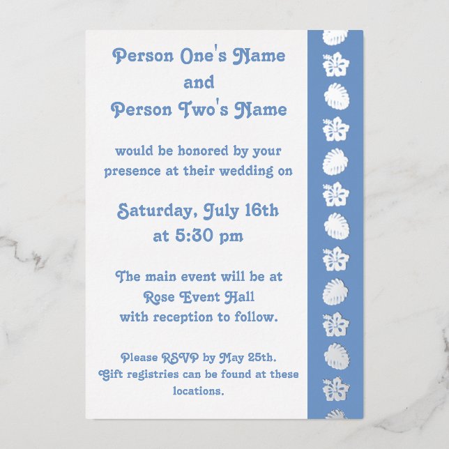 Tropical Hibiscus in Periwinkle Foil Invitation (Front)