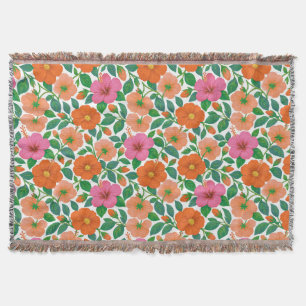 Tropical Hibiscus in Pink, Peach and Orange Throw Blanket