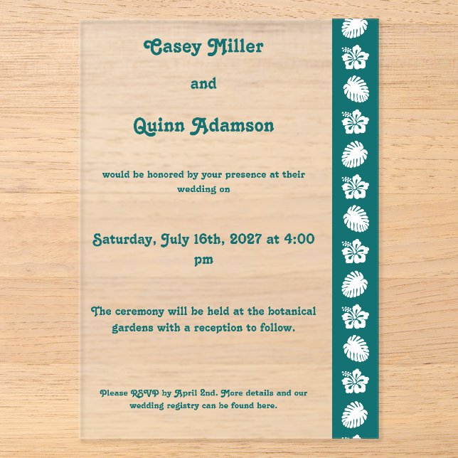 Tropical Hibiscus in Teal Acrylic Wedding  Invitations (Front)