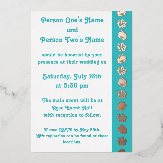 Tropical Hibiscus in Turquoise Foil Invitation (Front)