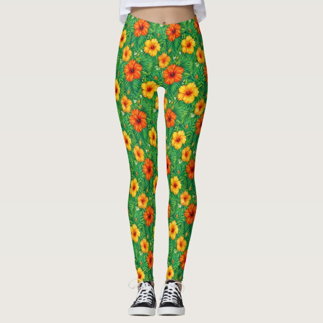 Tropical Hibiscus Jungle Pattern Leggings (Front)