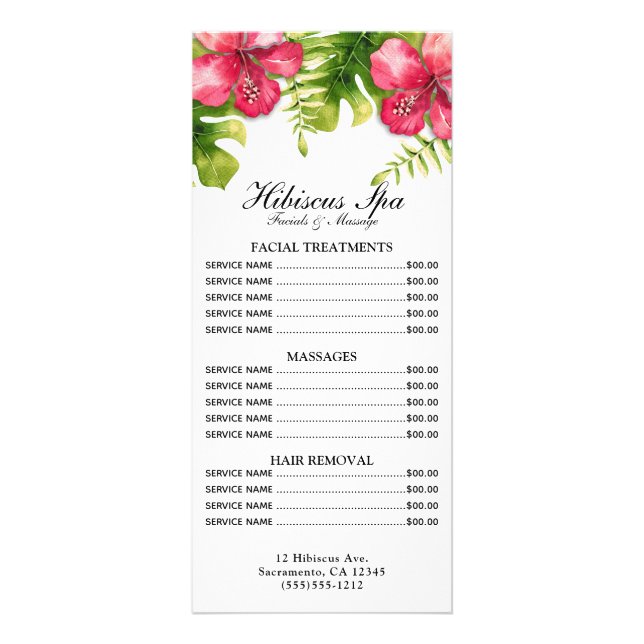 Tropical Hibiscus Leaves Spa Salon Price List Rack Card (Front)