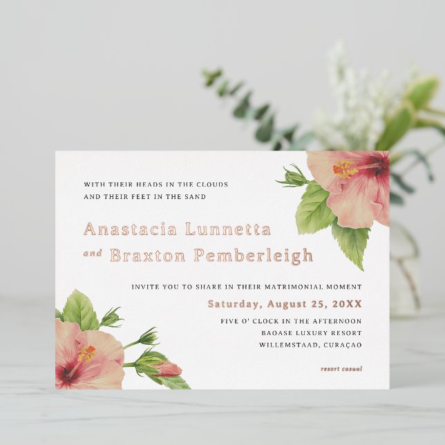 Tropical Hibiscus Letterpress Wedding Invitation (Standing Front)