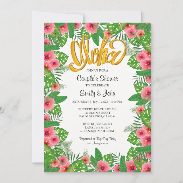 Tropical Hibiscus Luau Couple's Shower Invitation (Front)
