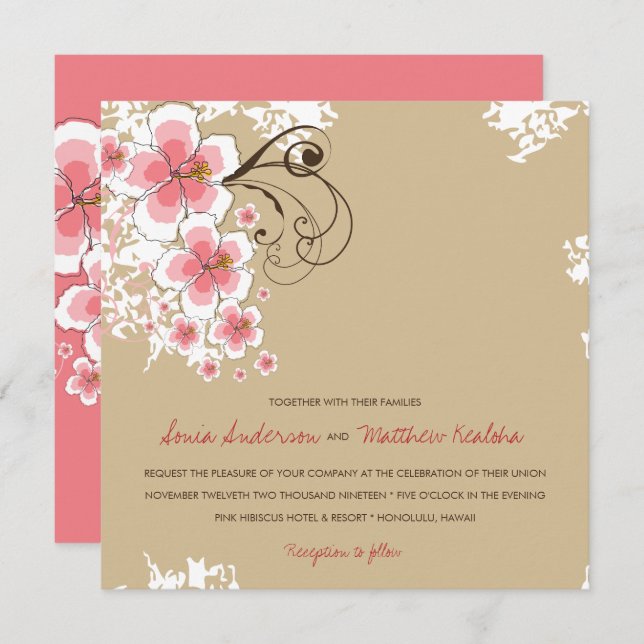 Tropical Hibiscus Luau Pink Beach Wedding Invite (Front/Back)