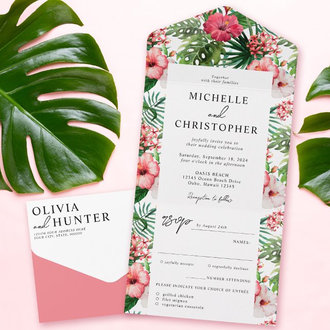 Tropical Hibiscus Modern Wedding All In One Invitation (Creator Uploaded)