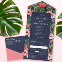 Tropical Hibiscus Modern Wedding Navy Blue