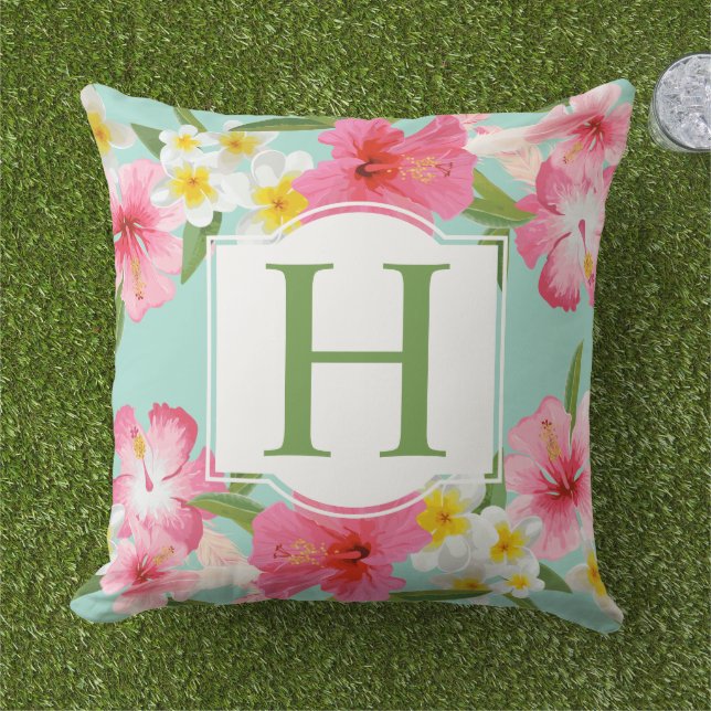 Tropical Hibiscus Monogram Aqua Floral Cushion (Grass)