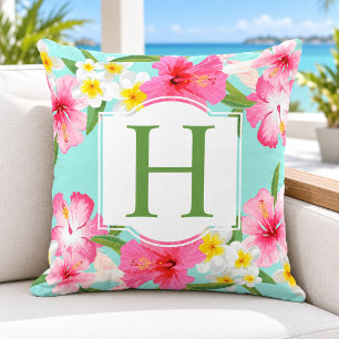 Tropical Hibiscus Monogram Aqua Floral Cushion