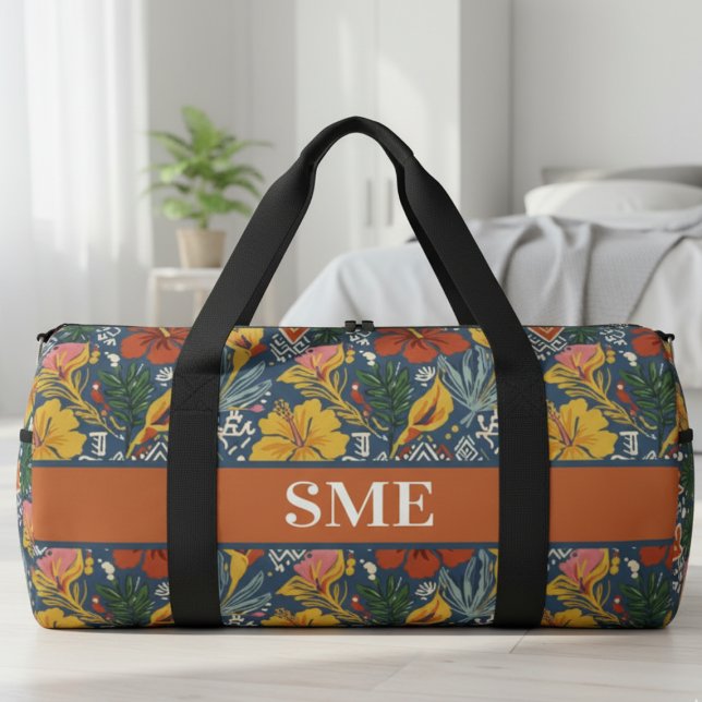 Tropical Hibiscus Monogram – Bright Travel Gift Duffle Bag (Afro Bohemian Floral Monogram Duffle Bag)