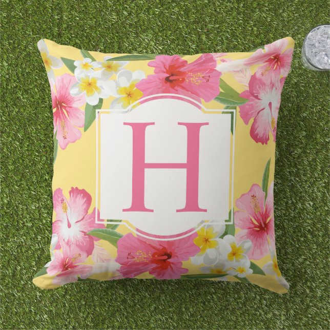 Tropical Hibiscus Monogram Yellow Floral Cushion (Grass)