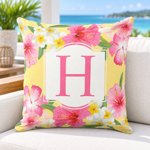Tropical Hibiscus Monogram Yellow Floral Cushion