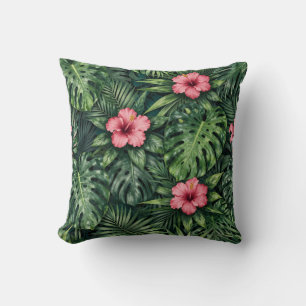 Tropical Hibiscus Monstera Jungle Pattern Cushion